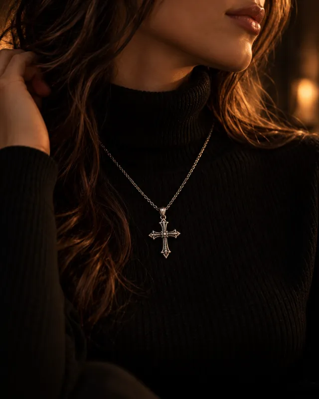 Collier pendentif croix porté